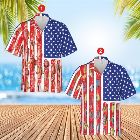 4th Of July Fishing Hawaiian Shirt, Independence Day USA Flag Fishing Button Up Shirt, Patriotic Fisherman Gift, Red White Blue Summer Shirt