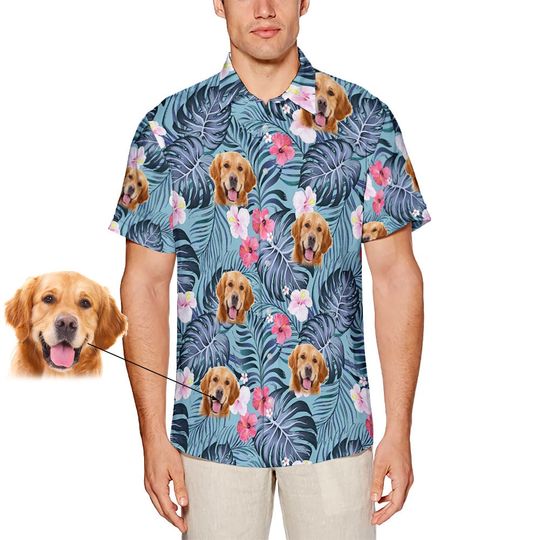 Custom Hawaiian Shirt with Face | Custom Dog Shirt with Pet Face | Personalized Shirts for Men Funny Tropical Floral Green