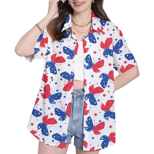 Butterfly Independence Day Hawaiian Shirt For Women Butterflies USA Flag Pattern Short Sleeve Button Down Shirt Womens Hawaiian Shirts