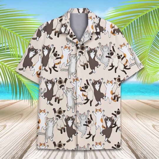 Cute Cat Hawaiian Shirt for Men Women Youth, Funny Kitty Print Aloha Shirt for Cat Lover, Summer Casual Button Up Shirt Short Sleeve