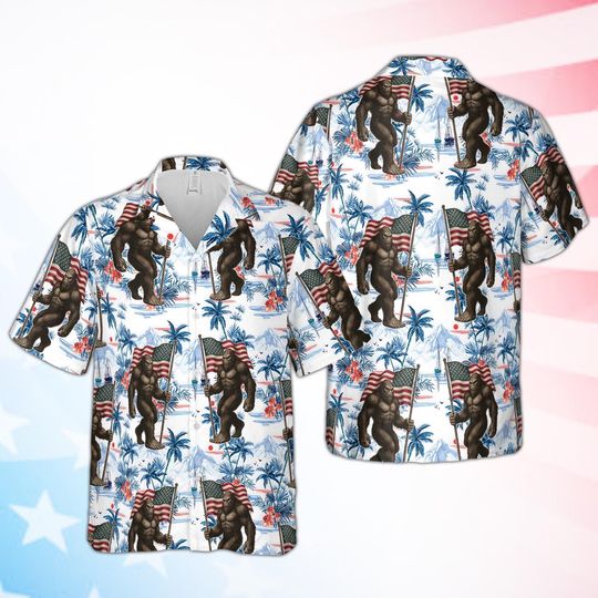 Tropical Bigfoot 4th Of July Hawaiian Shirt, Patriotic Sasquatch Bigfoot American Flag Button Up Shirt, Red White Blue Summer Beach Shirt