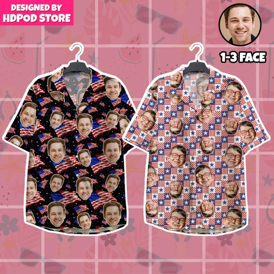 Custom Independence Day Shirt, Personalized Face man women kid Hawaiian Shirt, America Flag Hawaiian Shirt, Customize 4th of July Gift