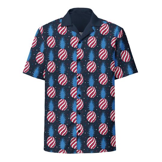 America 4th of July Shirt, Independence Day, Red White And Blue Pineapple Summer Shirt, Patriotic Shirt, Unisex Hawaiian Button-Down Shirt