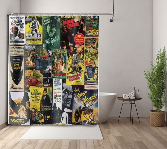 Vintage Horror Movie Posters Shower Curtain, Retro Boho Bathroom Decor