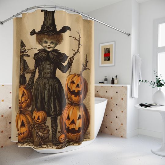 Victorian Child Halloween Shower Curtain, Gothic Bathroom Decor, Vintage Kids Haunted House Dark Cottagecore