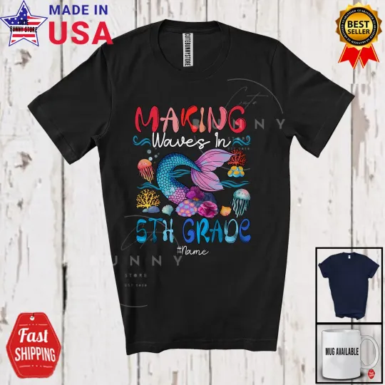 Custom Name Make Waves In 5th Grade; Back To School Girls Mermaid Tail T-Shirt