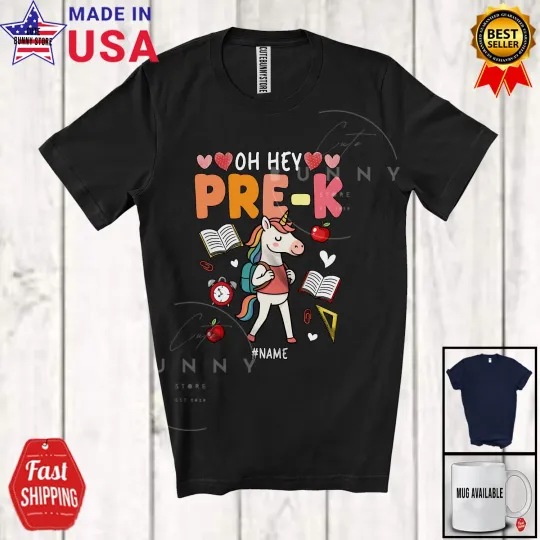 Hey Pre-K; Joyful Back To School Custom Name Girl Unicorn Students Teacher Shirt