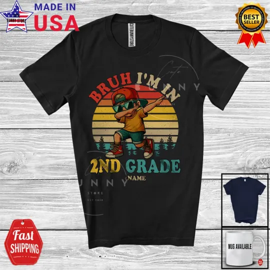 Vintage Retro In 2nd Grade; Back To School Custom Name Dabbing Boy Student Shirt