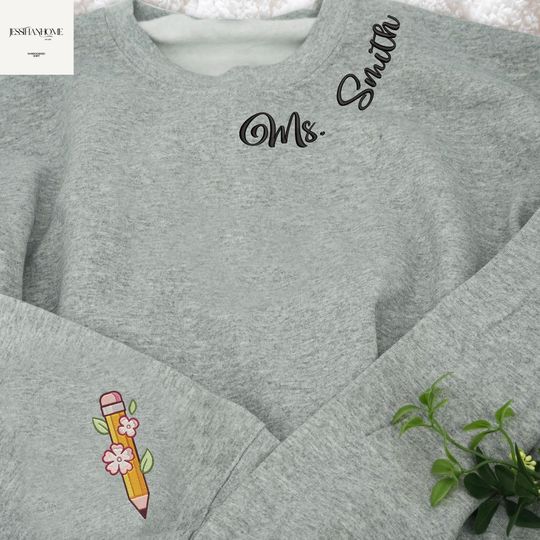 Personalized Teacher Embroidered Sweatshirt, Custom Name Teacher Gift, School Pencil Bow, Back To School Gift For Teacher