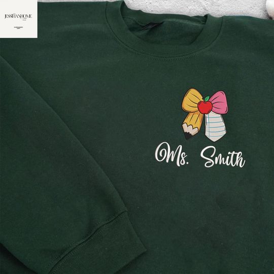 Personalized Embroidered Teacher Sweatshirt, Teacher Gift, School Pencil Bow, Cute Teacher Sweater, Gift For Teacher