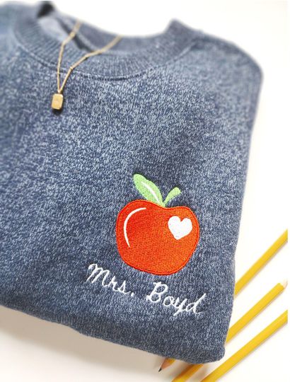 Custom Embroidered Teacher Sweater, Personalized Teacher Name Pullover, Customized Teacher Gift, Trendy Back to School Sweater, Apple Shirt