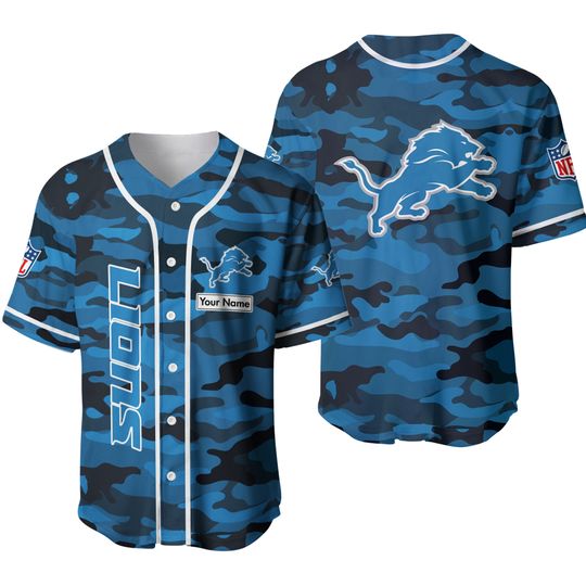 Custom Name Detroit Lions Baseball Jersey, Detroit Camo Baseball Jersey