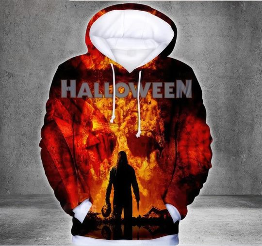 Michael Myers 3D Hoodie, Fiery Halloween Horror Design, Costume Shirt for Spooky Season