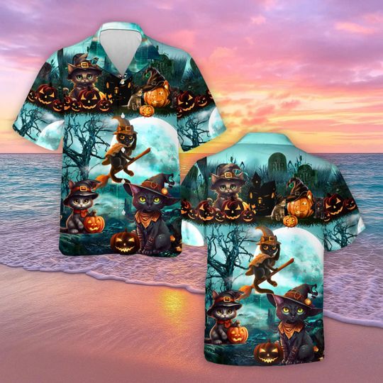 Halloween Witch Black Cat And Pumpkin Hawaiian Shirt, Halloween Night Aloha Tee