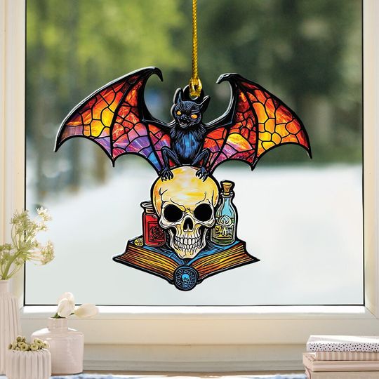 Halloween Bat Skull Suncatcher Ornament, Halloween Suncatcher Decor, Halloween Bat Window Suncatcher, Bat Skull Ornament Decor