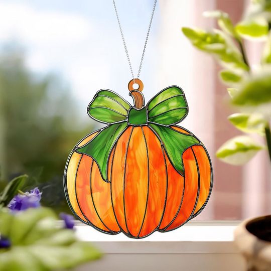 Pumpkin Bow Suncatcher Ornament, Halloween Pumpkin Ornament, Bow Pumpkin Fall Ornament, Pumpkin Thanksgiving Suncatcher Decor