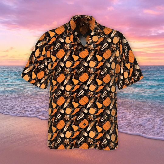 Thanksgiving Hawaiian Shirt, Fall Pumpkin Corn Button Shirt
