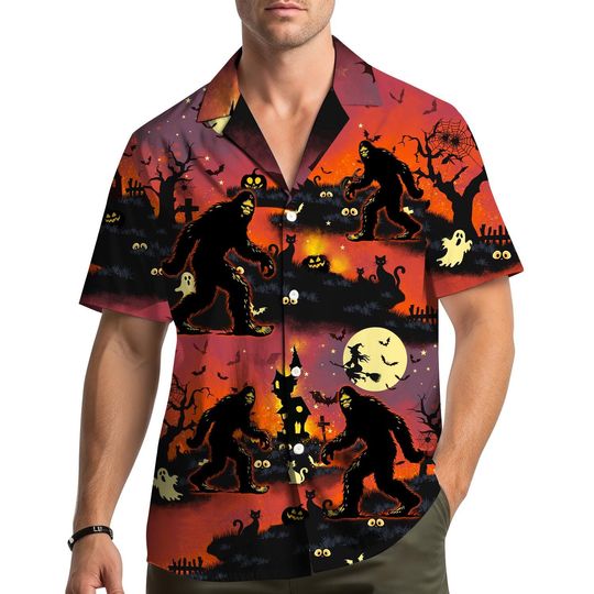 Halloween Bigfoot Hawaiian Shirt for Men Women Youth,  Black Cat Haunted House Shirt