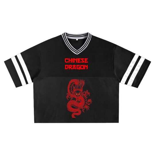 Chinese Dragon Graphic T-Shirt  Black Sporty Jersey with Red Dragon Print, Urban Streetwear Tee, Oversized Casual Shirt for Men & Women