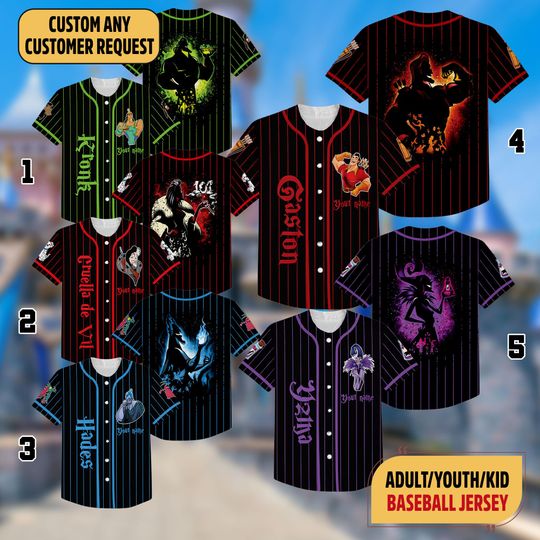 Custom Disney Villain Halloween Baseball Jersey, Cruella Ursula Evil Queen Matching Jersey, Villains Friends Matching Family Jersey