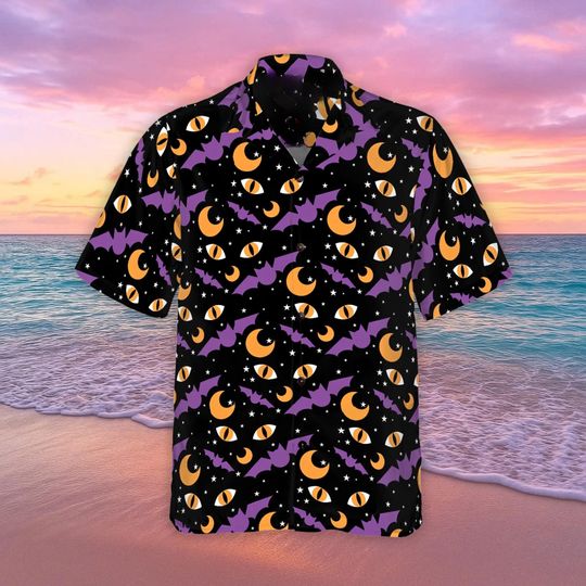 Halloween Bats Eyes At Night Hawaiian Shirt, Spooky Season Design