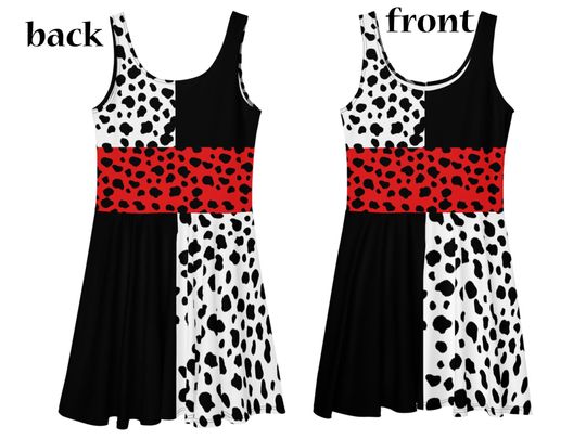 Cruel Villain Dalmatian Lady Skater Dress Woman Cosplay Halloween Costume Running Spotted Outfit Party