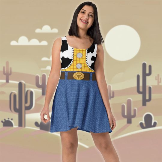 Cartoon Cowboy Skater Dress | Woody from Toy Story Inspired Tank Dress with Cowprint Vest, Printed Denim Skirt | Woody Halloween, Bounding