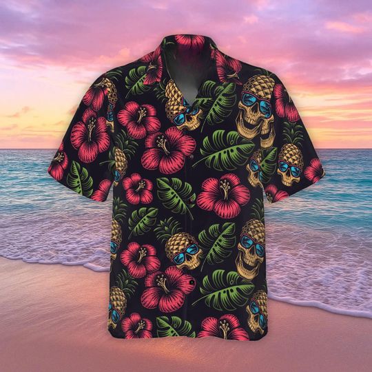 Pineapple Skull Tropical Flowers Hawaiian Shirt, Horror Skull Aloha Tee