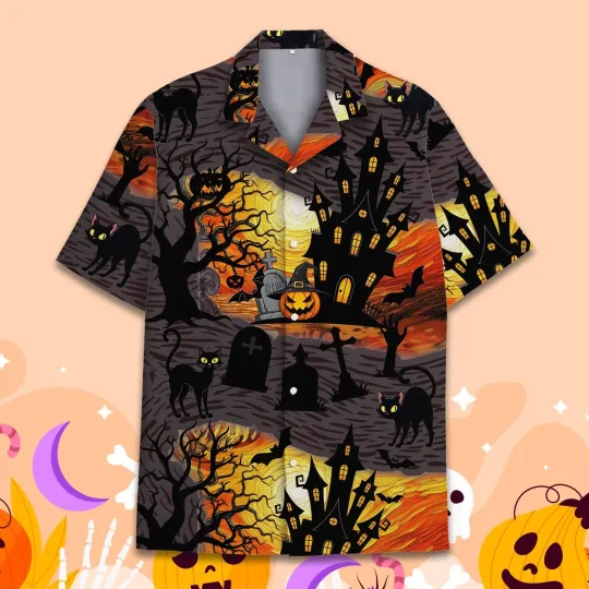 Haunted House Halloween Hawaiian Shirt, Youth Black Cat Pumpkin