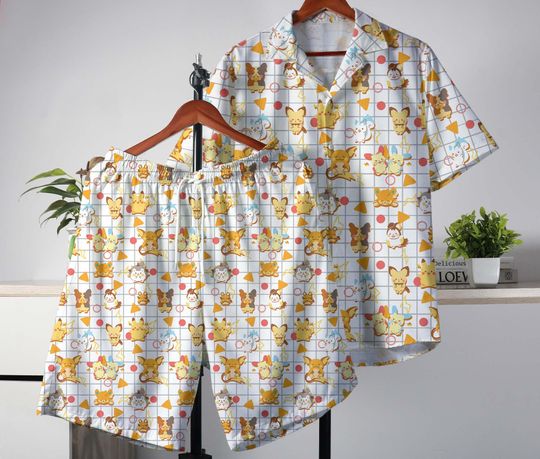 Pika and Raichu Matching Hawaiian Shirt and Shorts Set