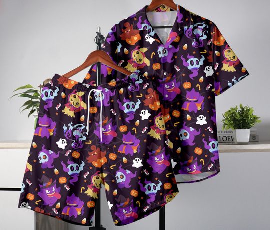 Gengar Hawaiian Shirt, Spooky Button-Up Shirt, Funny Ghost Matching Outfit
