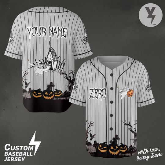 Custom Zero Ghost Dog Baseball Jersey, The Nightmare before Christmas Shirt, Jack and Sally Jersey Shirt, Disney Halloween Shirt Gift