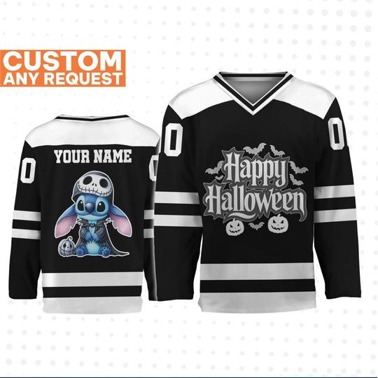 Custom Stitch Jack Skelington Hockey jersey , Custom Disney Kid Youth Adult Jersey, Stitch hockey Jersey, Halloween jersey for friends