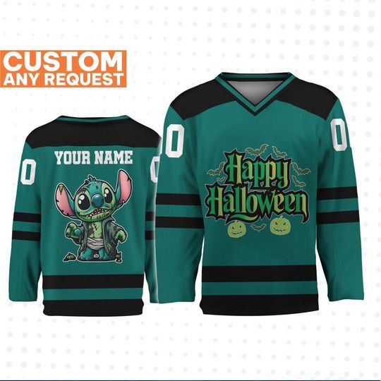 Custom Stitch Zombie Hockey jersey , Custom Disney Kid Youth Adult Jersey, Stitch hockey Jersey, Halloween jersey for friends