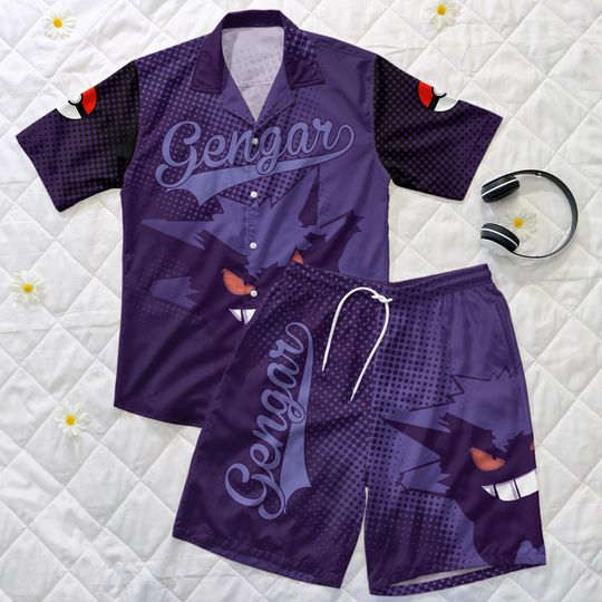 Gengar Hawaiian Shirt, Cute Gengar Button Up Shirt, 3D Print Anime Shirt and Shorts