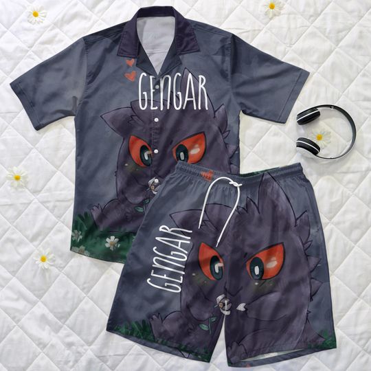Gengar Hawaiian Shirt and Shorts Set, Cute Anime Summer Outfit