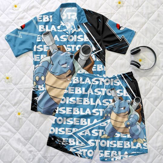 Blastoise Hawaiian Shirt and Shorts Set - Summer Anime-Inspired Outfit for Men and Women