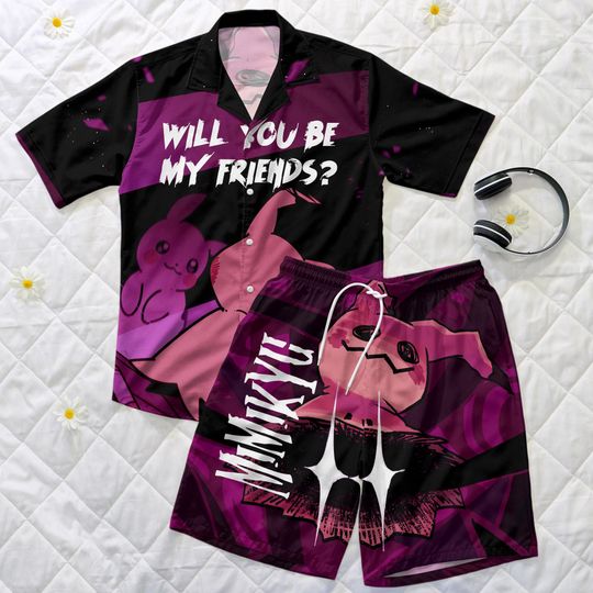 Mimikyu Hawaiian Shirt and Shorts Set, Unisex Anime Summer Outfit