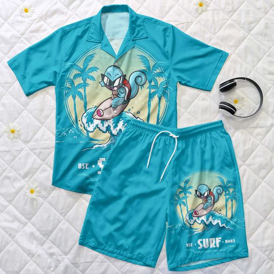 Squirtle Hawaiian Shirt, Squirtle Surfing Set, Funny Summer Beach Outfit