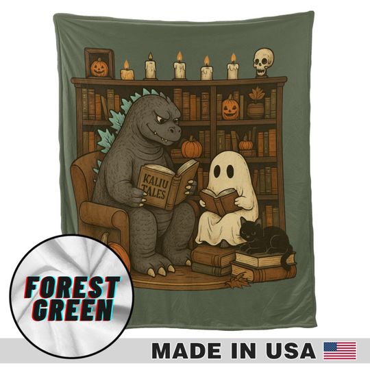god zilla & Ghost Halloween Blanket, Cozy Sherpa Fleece with Pumpkin, Spooky Reading, Retro Ghost Reading Books, Librarian Ghost Halloween