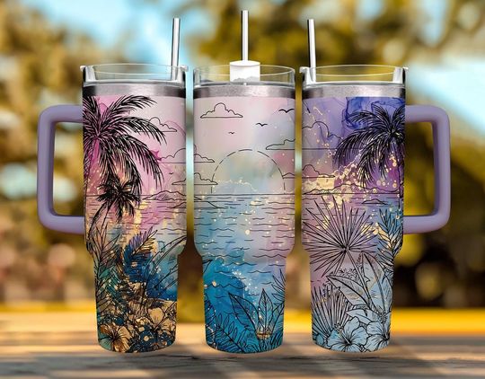 Tropical Beach Palm Trees Tumblers 40 oz With Handle