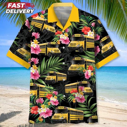 School Bus Hawaiian Shirt, Funny Tropical Floral Shirt with Yellow Bus