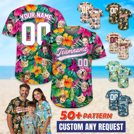 Tropical Custom Face Baseball Jersey Hawaiian Shirt – Summer Vibes, Matching Outfit, Gift for All Ages