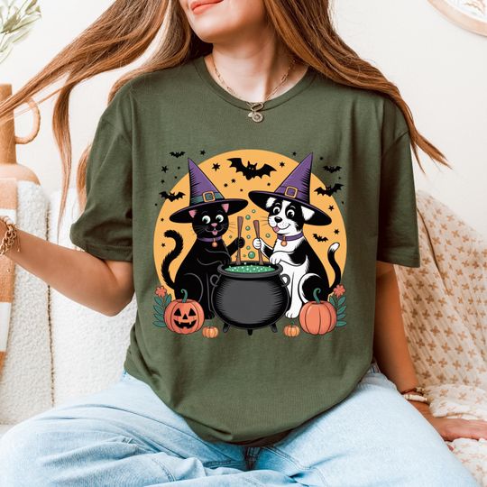 Cute Halloween Dog and Cat Shirt, Witch Pet Friends Cauldron T-Shirt, Funny Spooky Season Tee, Pumpkin Black Cat Dog Lovers Gift for Fall