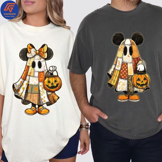 Preppy Halloween Mouse And Friend Ghost Shirt, Retro Halloween Floral Cartoon Mouse Couple