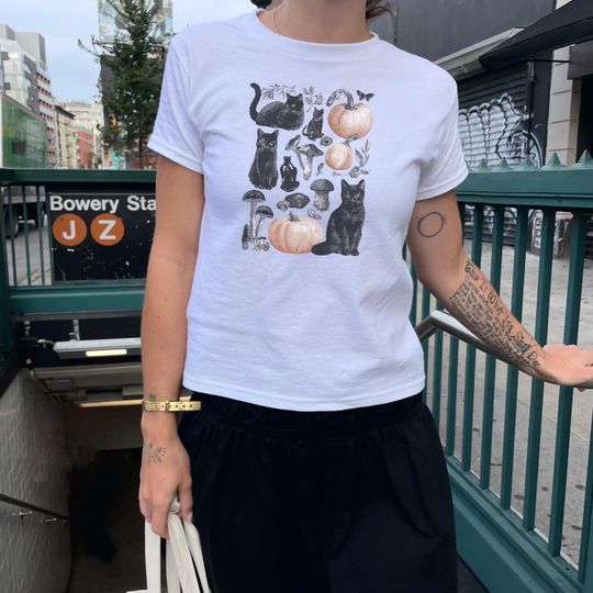 Witchy Black Cat Baby Tee, Halloween Crop Top, Cottagecore Spooky Season Shirt, Creepy Cute Fall Baby T-Shirt