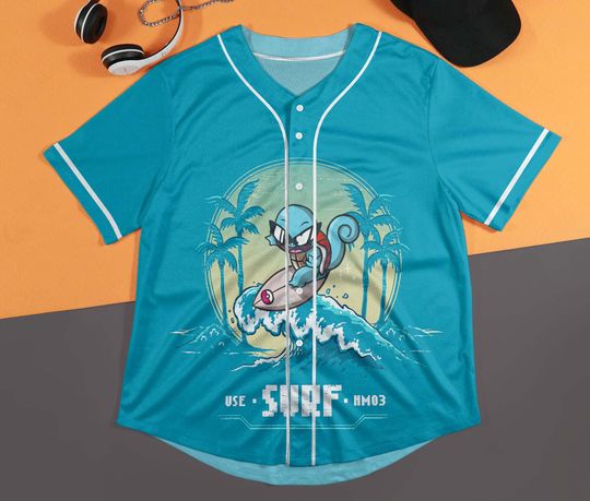 Squirtle Surfing Baseball Jersey Funny Water-Type Kawaii Beach Gift Anime Fans