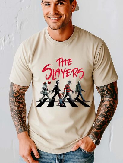 The Slayers Halloween Horror Shirt, Killer Horror Parody Characters Tee, Abbey Road Parody Graphic, Spooky Slasher Scary Villains T-Shirt
