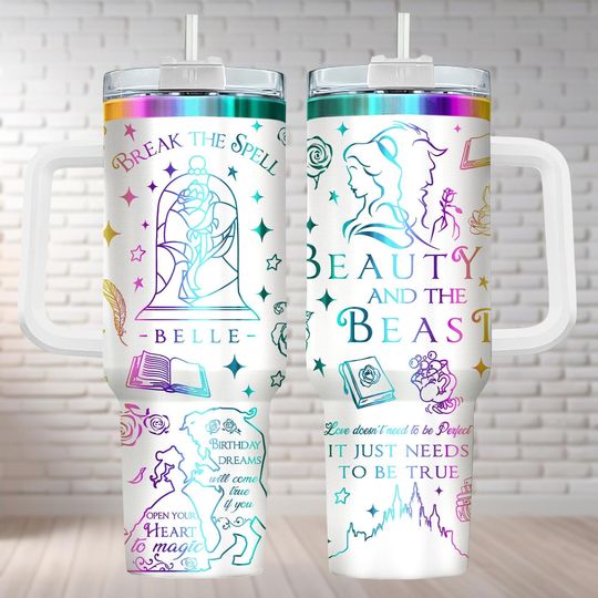Beauty and The Beast Tumblers 40 oz With Handle, Belle Tumbler, Disney Cartoon Coffee Cup, Princess Tumblers, Movie Lover Gifts