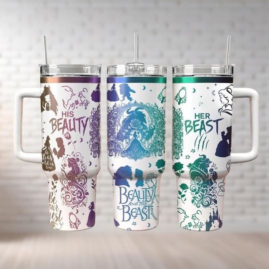 Beauty And The Beast Tumblers 40 oz With Handle, Disney Princess Coffee Tumbler, Disney Insulated Tumbler, Belle Princess Cup, Gift For Her